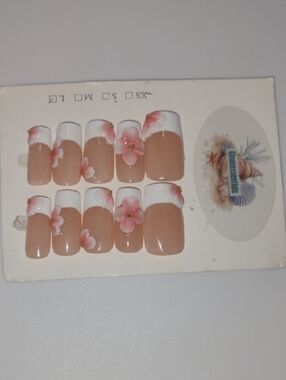 Press-On French Nails with Pink Floral Accent